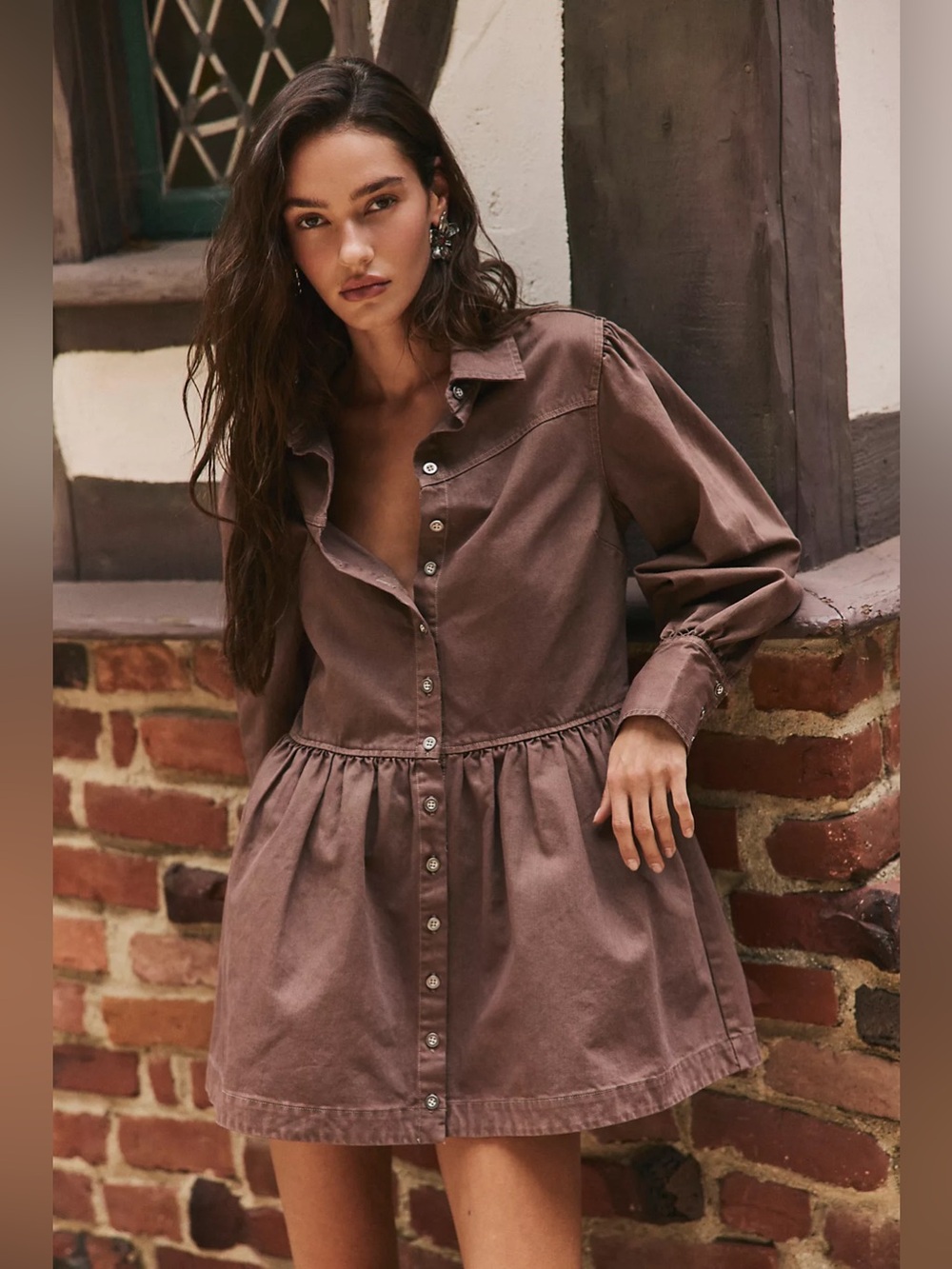 Free People Marris Long Sleeve Denim Mini Dress Chestnut Brown XSmall Fall Comfy
